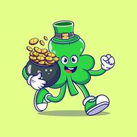 St. Patrick's Clover Leaf Cartoon Running With a Pot of Gold Coins vector