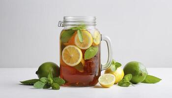 AI generated Ice tea in glass jar served with limes, lemons and mint over white texture background photo