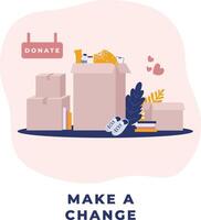 Donation and volunteer work concept minimal illustration in pastel. Pile stacks of donating goods in boxes. For banner, social media, mobile app, web, landing page, poster, campaign, infographic vector