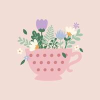 Flat hand drawn vector illustration of cute mug with wild flowers. Decorative element for card, postcard, sticker, banner, invitation, social media poster. Wedding, birthday,love concept