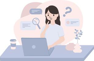 question and anwers frequently asked question concept vector flat illustration. Character person using laptop with questions. For UI, landing page, social media, infographic, web, app, campaign