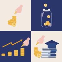 Business finance saving concept. Illustration set of stack of coins, saving jar, increasing graph, saving for education. For social media, mobile app, web, landing page, infographic, poster, banner vector