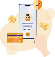 Secure verified payment concept. Safety, confidential data protection, with card and mobile phone flat illustration. Internet security. For social media, mobile app, web, landing page, infographic vector