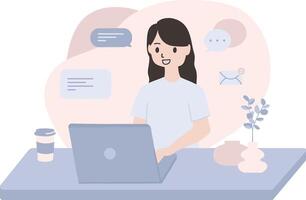 communicaton and delegating concept vector flat illustration. Character person using laptop with text bubble and notification background. For UI, landing page, social media, infographic, web, app