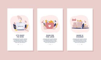 Donation and volunteer work concept minimal illustration in pastel mock up for app collection set. For banner, social media, mobile app, web, landing page, poster, campaign, infographic vector