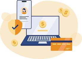 Secure verified payment concept. Safety, confidential data protection, with laptop, card and mobile phone flat illustration. Internet security. For social media, app, web, landing page, infographic vector