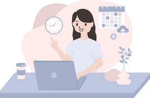 project scheduling concept vector flat illustration. Character person using laptop with clock and calender background. For UI, landing page, social media, infographic, web, app, campaign