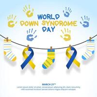 Square World Down Syndrome Day background with ribbons and socks on a clothesline vector