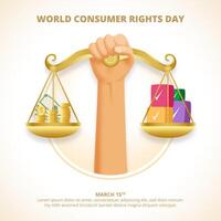 Square World Consumer Rights Day background with a hand holding scales vector