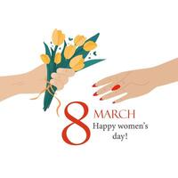 A man's hand gives a bouquet of tulips to a woman's hand. A hand holds a bouquet of yellow tulips. A beautiful bouquet, painted with your own hands. Florist. Postcard for March 8. Women's Day vector