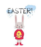 A cute Easter bunny holds a colored egg in his paws. Rabbit in a spring raincoat and boots. Cloud with raindrops. Easter Egg. Christ is risen. Horizontal poster, Easter card, Happy Easter banner vector