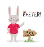 The Easter bunny stands near a sign indicating Happy Bunnies. Pointer. The rabbit is painted by hand with natural brushes. Christ is risen. Easter. Vertical poster, Easter card, Happy Easter banner. vector