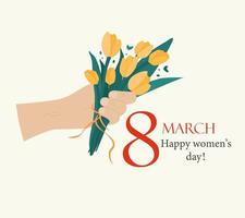 A hand holds a bouquet of yellow tulips. A beautiful bouquet, painted with your own hands. Florist. Postcard for March 8. International Women's Day. Words of congratulations on Women's Day. vector