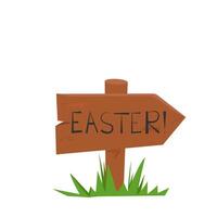 Signpost with the inscription Easter. Happy easter. Wooden hanging. Wooden sign. Green grass. Vector illustration, postcard, banner