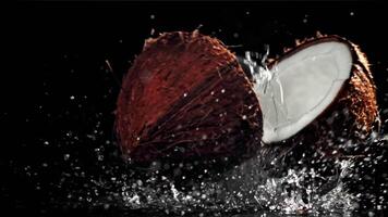 The coconut breaks with splashes. On a black background. Filmed on a high-speed camera at 1000 fps. High quality FullHD footage video