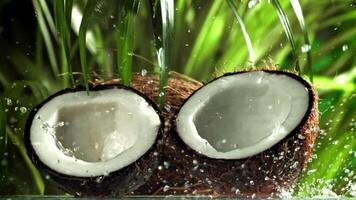 Noce di cocco con spruzzi di acqua. girato su un' alta velocità telecamera a 1000 fps. alto qualità FullHD metraggio video