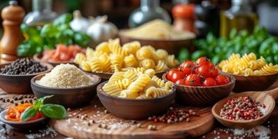 AI Generated Classic Pasta on kitchen background. Diet and food concept. photo