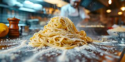 AI Generated Classic Pasta on kitchen background. Diet and food concept. photo