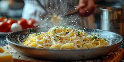 AI Generated Classic Pasta on kitchen background. Diet and food concept. photo