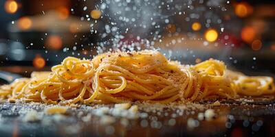 AI Generated Classic Pasta on kitchen background. Diet and food concept. photo