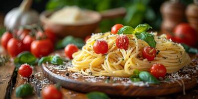 AI Generated Classic Pasta on kitchen background. Diet and food concept. photo