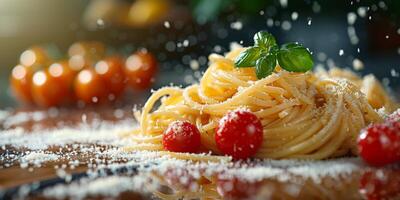 AI Generated Classic Pasta on kitchen background. Diet and food concept. photo