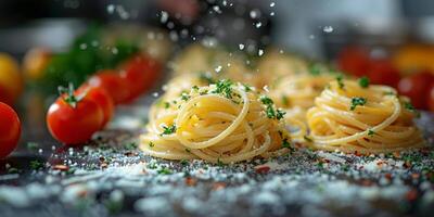 AI Generated Classic Pasta on kitchen background. Diet and food concept. photo
