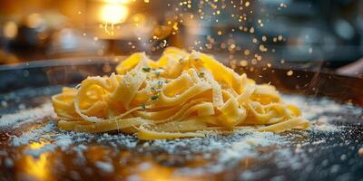 ai generado clásico pasta en cocina antecedentes. dieta y comida concepto. foto