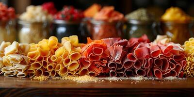 AI Generated Classic Pasta on kitchen background. Diet and food concept. photo