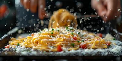 AI Generated Classic Pasta on kitchen background. Diet and food concept. photo