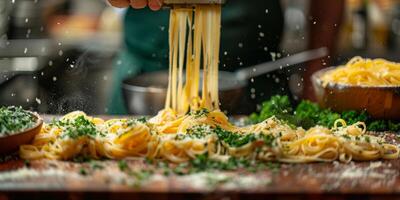 AI Generated Classic Pasta on kitchen background. Diet and food concept. photo