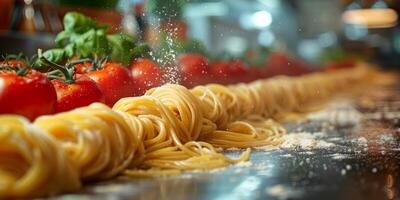 AI Generated Classic Pasta on kitchen background. Diet and food concept. photo