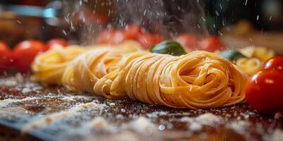 AI Generated Classic Pasta on kitchen background. Diet and food concept. photo