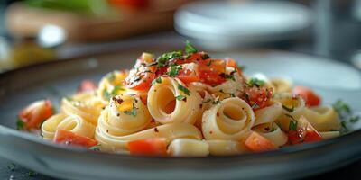 AI Generated Classic Pasta on kitchen background. Diet and food concept. photo