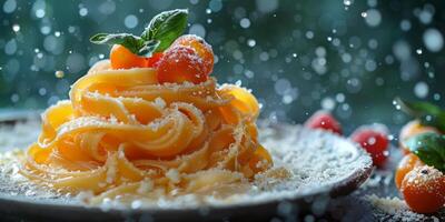 AI Generated Classic Pasta on kitchen background. Diet and food concept. photo