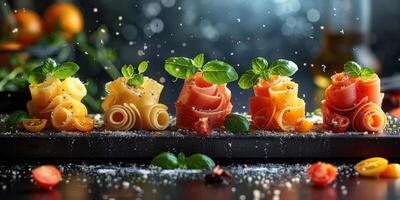AI Generated Classic Pasta on kitchen background. Diet and food concept. photo