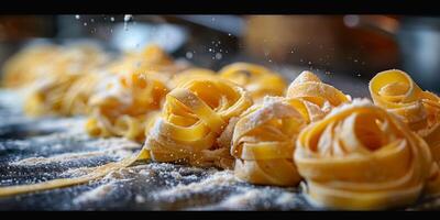 AI Generated Classic Pasta on kitchen background. Diet and food concept. photo