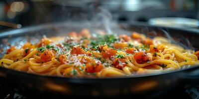 ai generado clásico pasta en cocina antecedentes. dieta y comida concepto. foto