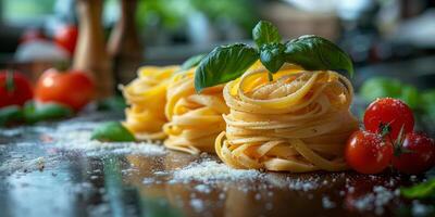 AI Generated Classic Pasta on kitchen background. Diet and food concept. photo