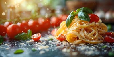 AI Generated Classic Pasta on kitchen background. Diet and food concept. photo