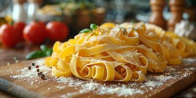 AI Generated Classic Pasta on kitchen background. Diet and food concept. photo