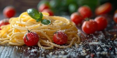 AI Generated Classic Pasta on kitchen background. Diet and food concept. photo