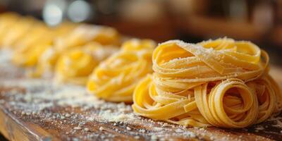 AI Generated Classic Pasta on kitchen background. Diet and food concept. photo