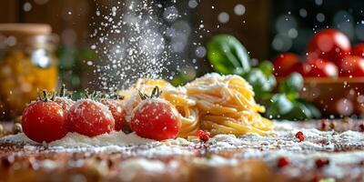 AI Generated Classic Pasta on kitchen background. Diet and food concept. photo