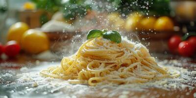 AI Generated Classic Pasta on kitchen background. Diet and food concept. photo