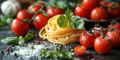 AI Generated Classic Pasta on kitchen background. Diet and food concept. photo