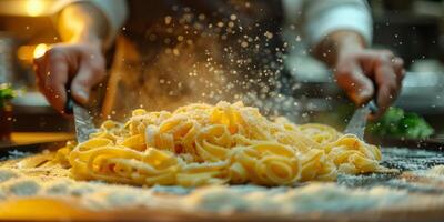 ai generado clásico pasta en cocina antecedentes. dieta y comida concepto. foto