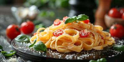 AI Generated Classic Pasta on kitchen background. Diet and food concept. photo