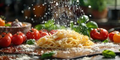 AI Generated Classic Pasta on kitchen background. Diet and food concept. photo