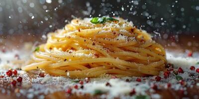 AI Generated Classic Pasta on kitchen background. Diet and food concept. photo